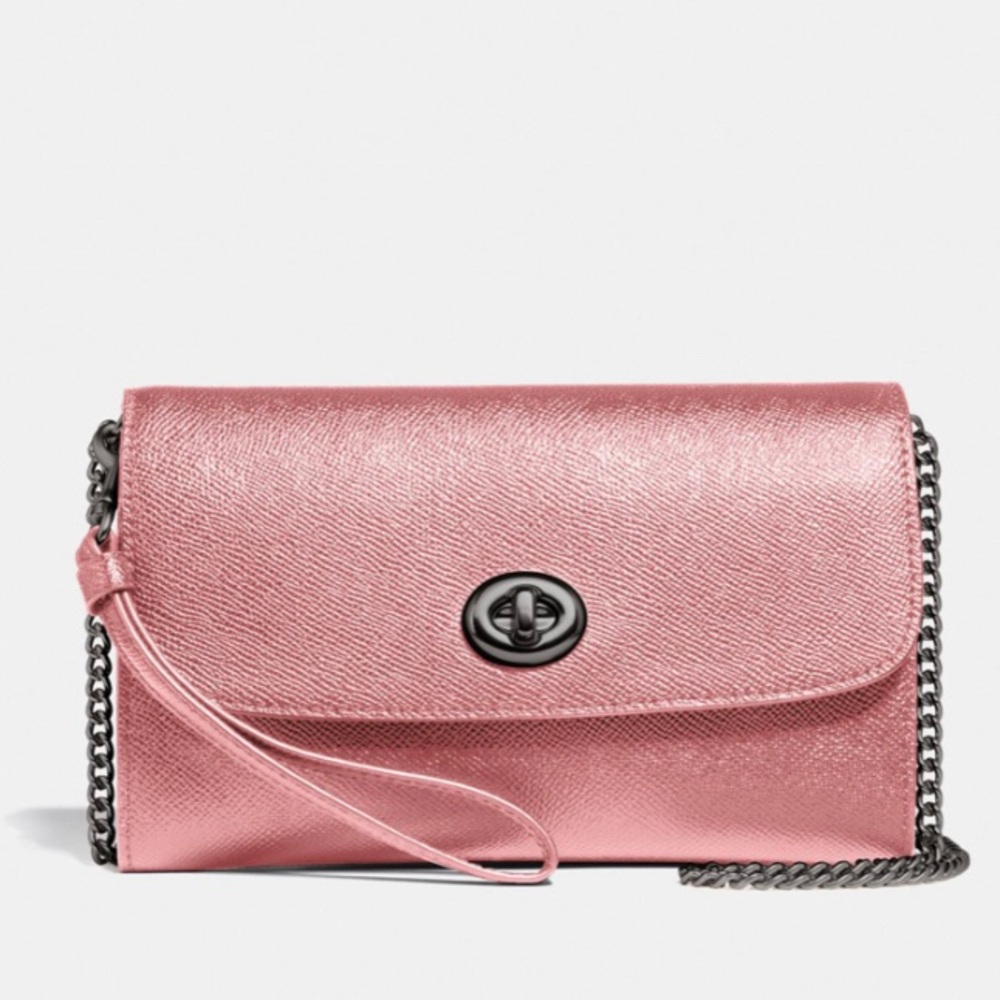 Authentic Coach metallic Crossgrain leather turnlock flap wristlet/Crosby